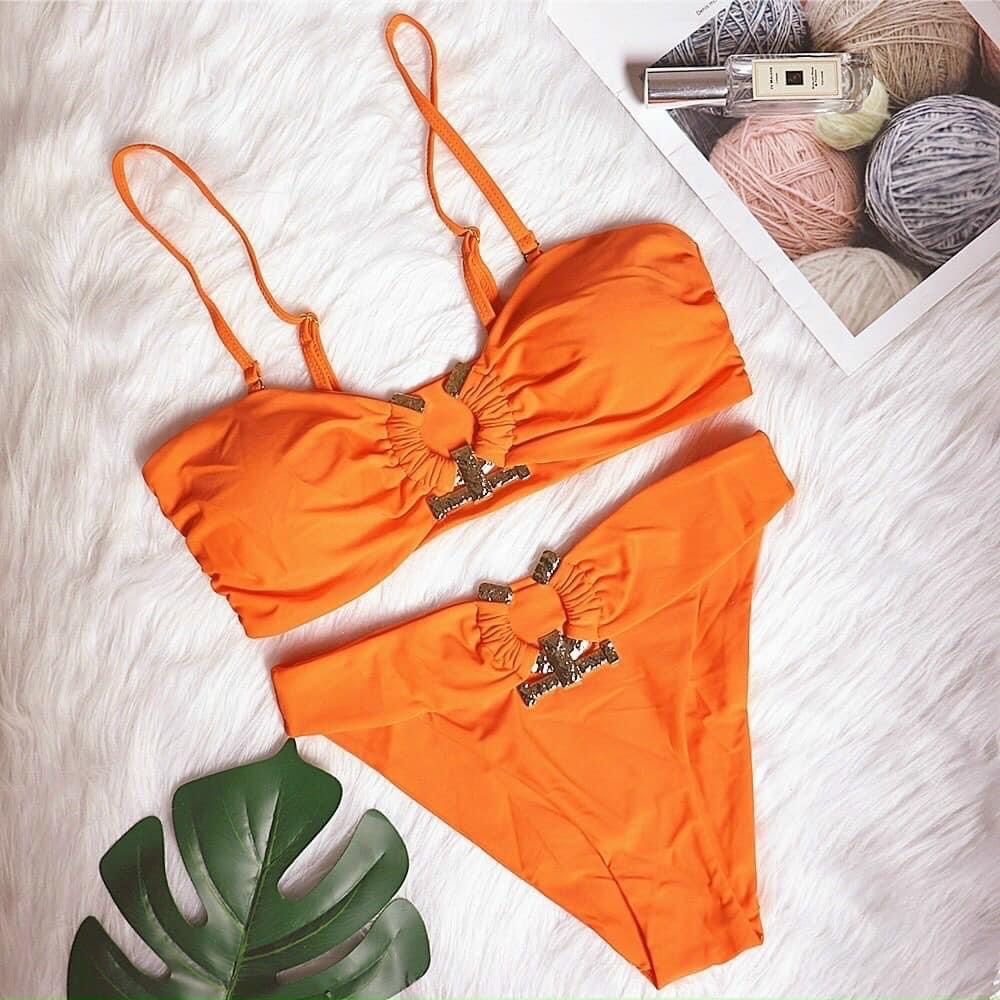 Orange Sexy Crystal Diamond High Waist Women Bandeau Swimsuit, Size S